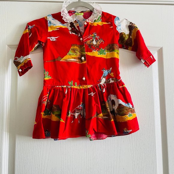Vintage Other - Vintage Western Print Girls Cotton Lace Collar Dress Flaw Size 5